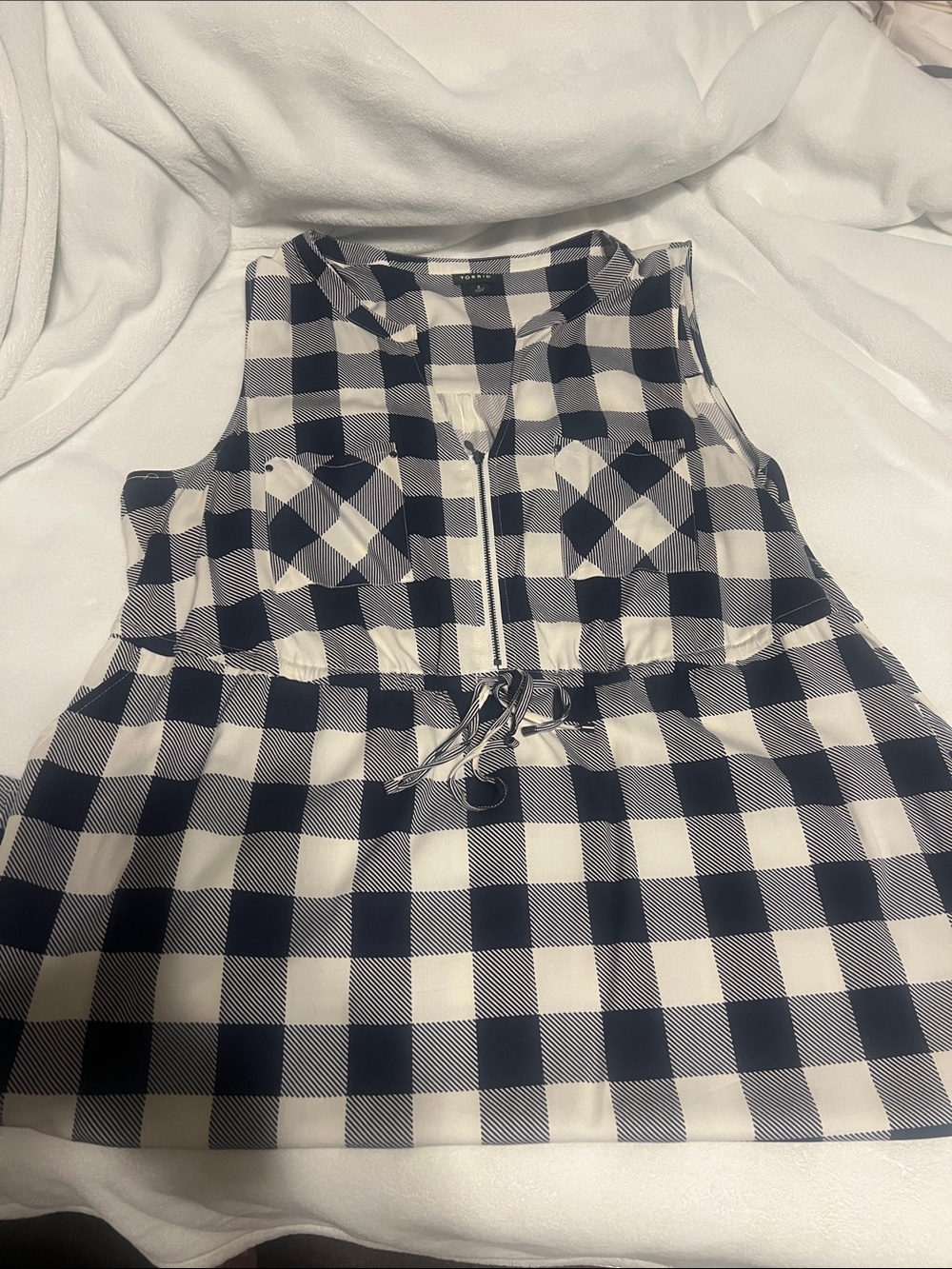 Navy blue and white sundress.